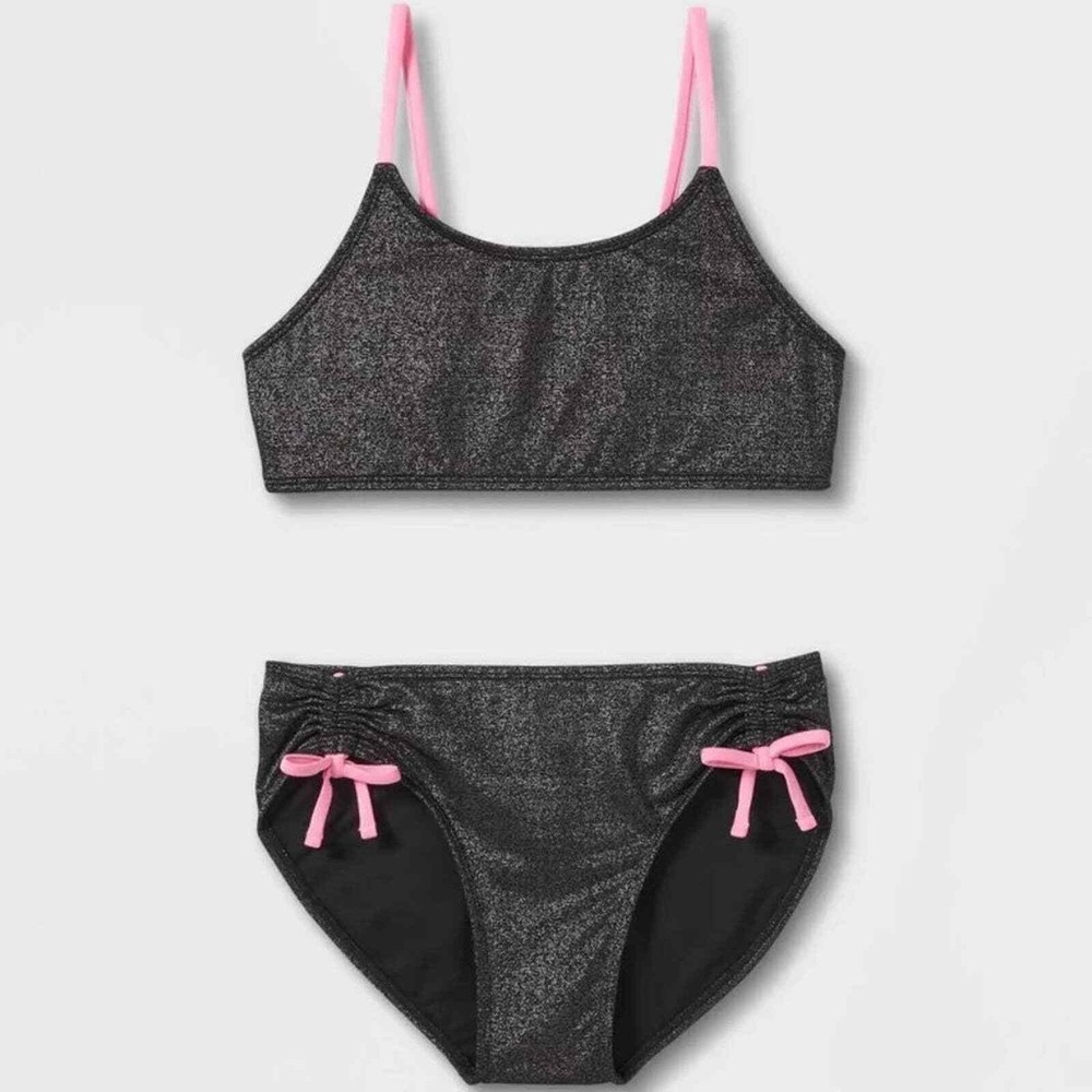 Art Class Girls' Pink / Black Sparkles 2 Piece Bikini Swim Set - Sz L 10/12